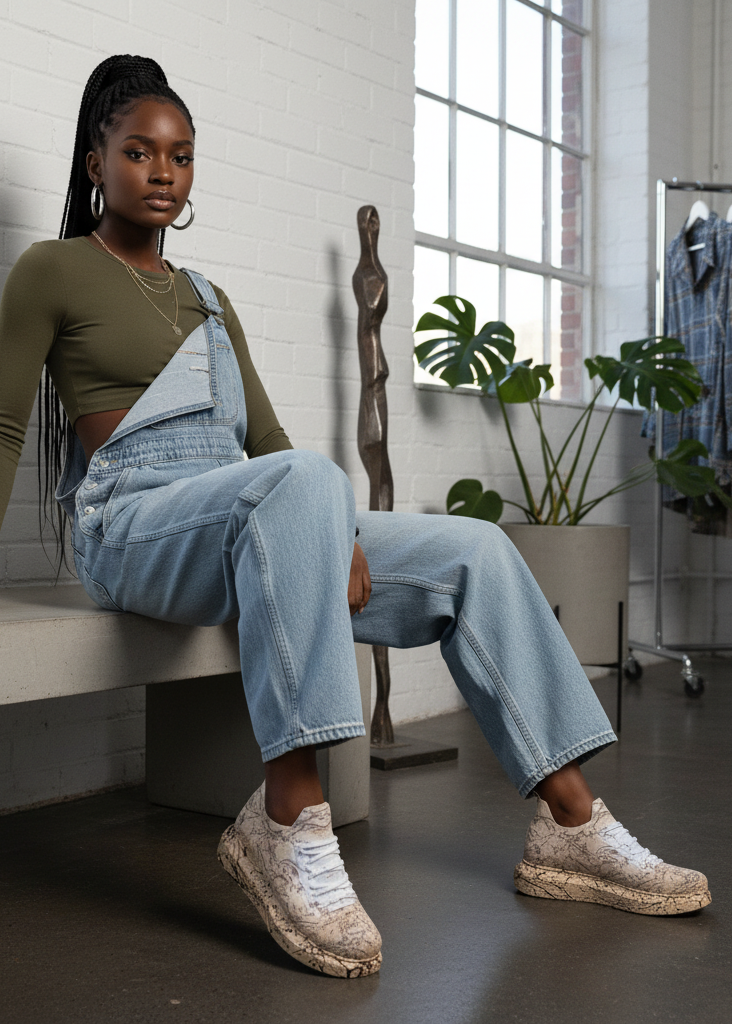 Woman sitting on a bench wearing a green top and blue jeans in a room with plants and clothing racks.