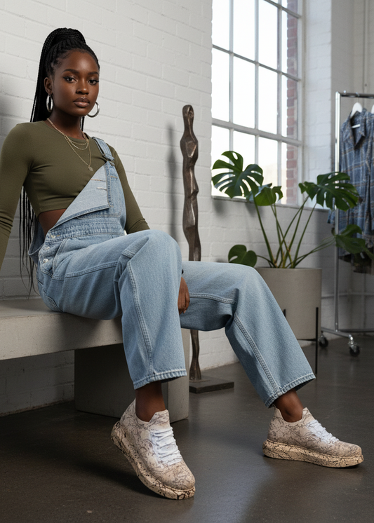 Woman sitting on a bench wearing a green top and blue jeans in a room with plants and clothing racks.