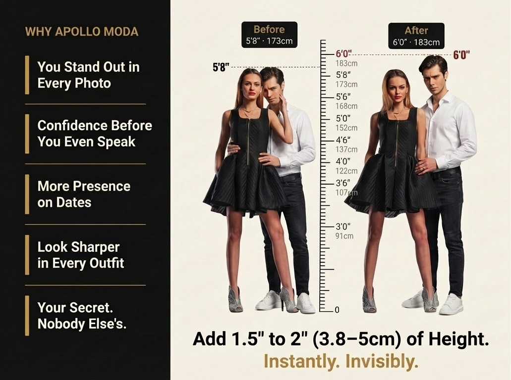 Advertisement for height-increasing device with two people and a height measurement chart.