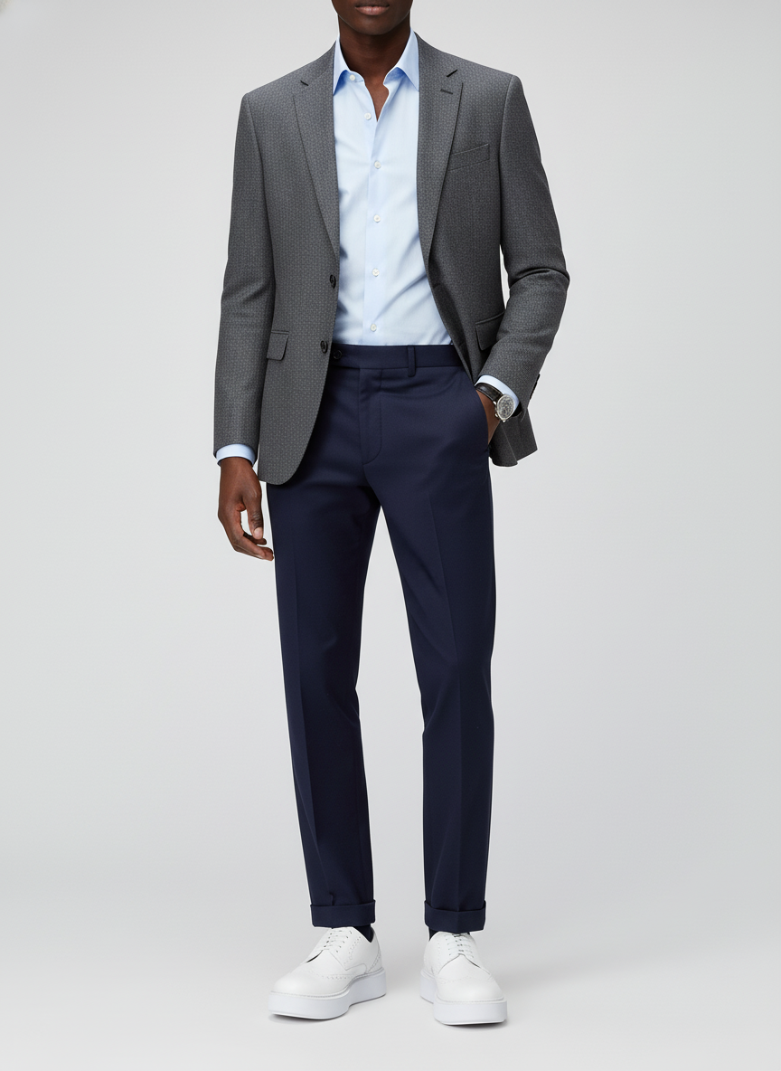 Person wearing a gray blazer, light blue shirt, navy pants, and white sneakers on a white background