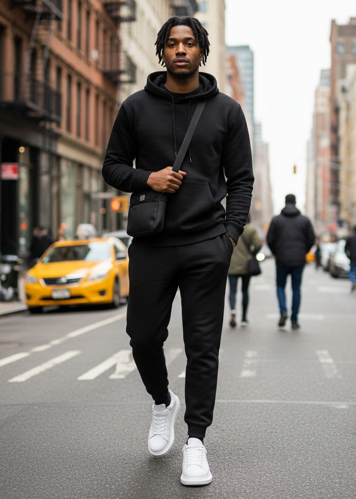 Man in black hoodie and pants walking on a city street with a yellow taxi in the background.