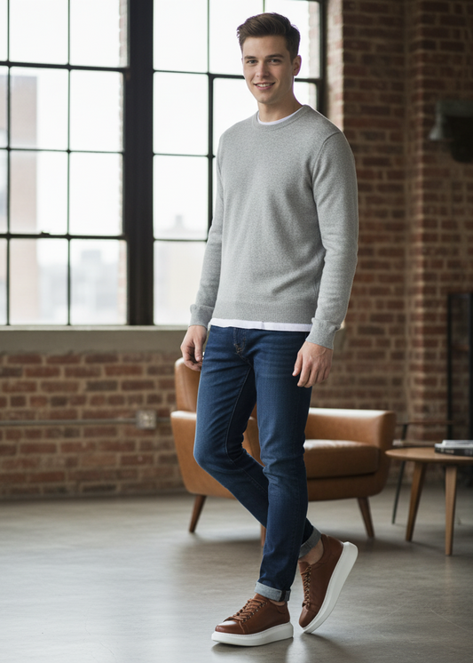 Man standing in a modern living room with brick walls and large windows.
