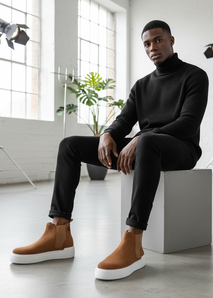 Man in black turtleneck and pants wearing Avalon Brown ribbed Chelsea Apollo Moda boots.