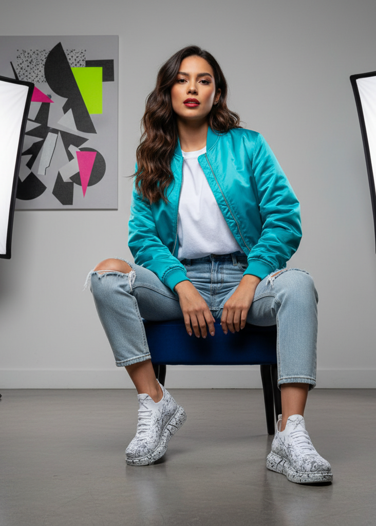 Woman sitting on a chair wearing Apollo Moda customized grey sneakers