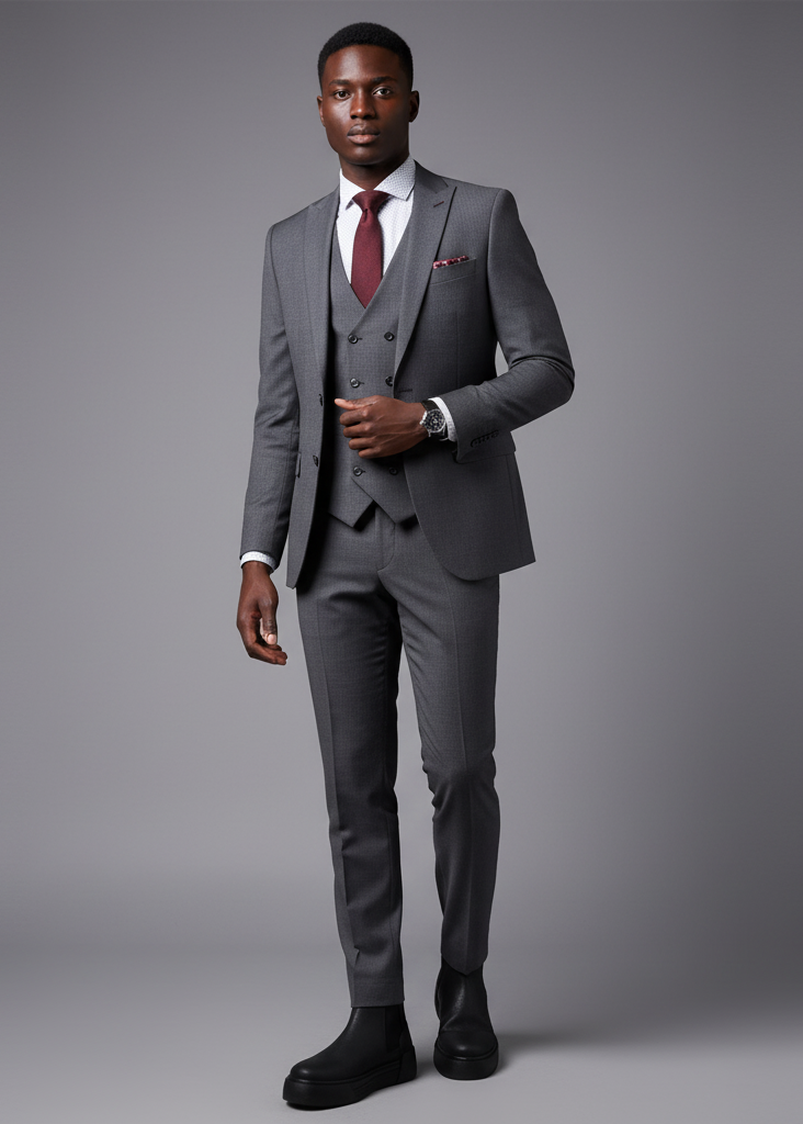 Man in a tailored grey suit wearing black Apollo Moda Avalon Chelsea boots for a refined look.