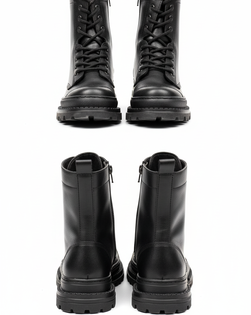 Back view of Orion Black Combat Boots by Apollo Moda in smooth black leather with lace-up front and thick treaded sole.