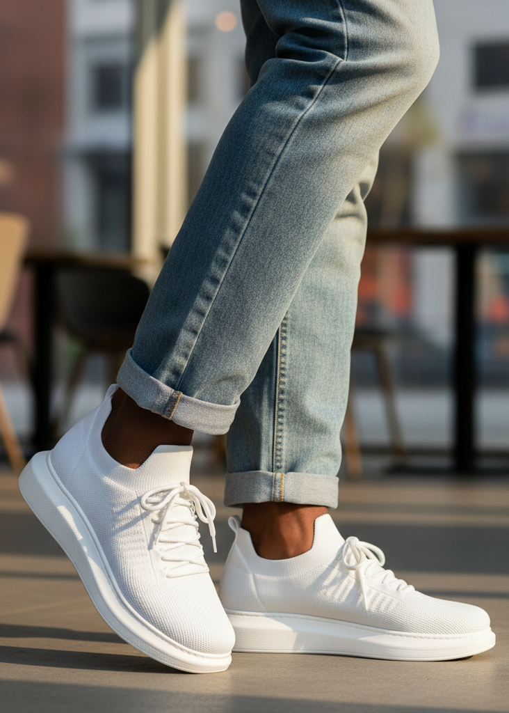 White Torino white sneakers worn with rolled-up jeans on a blurred background